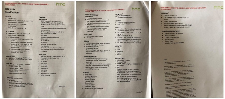 Инсайдер до анонса раскрыл дизайн и характеристики смартфона HTC U12+