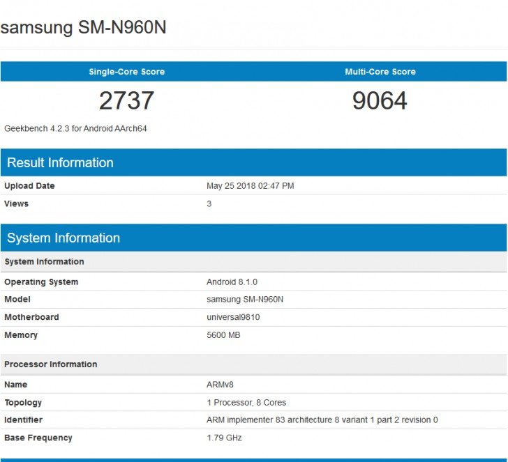 Смартфон Samsung Galaxy Note9 с Exynos 9810 появился в Geekbench
