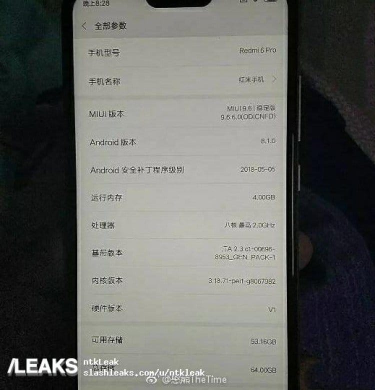 Смартфон Xiaomi Redmi 6 Pro показали на «живых» фото