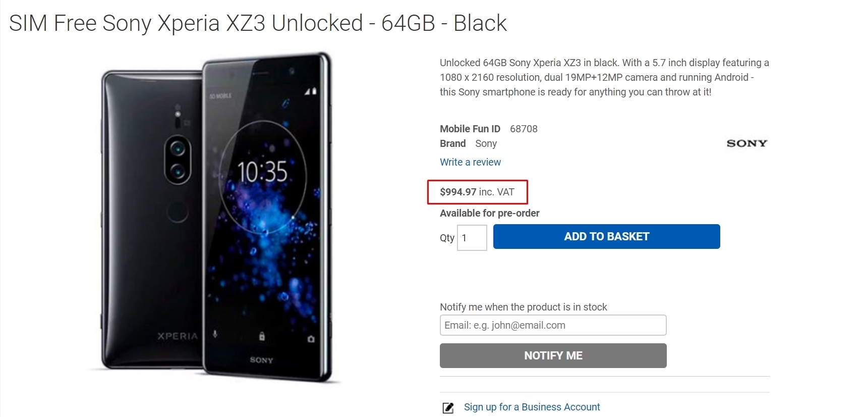 Еще непредставленный смартфон Sony Xperia XZ3 стал доступен для заказа