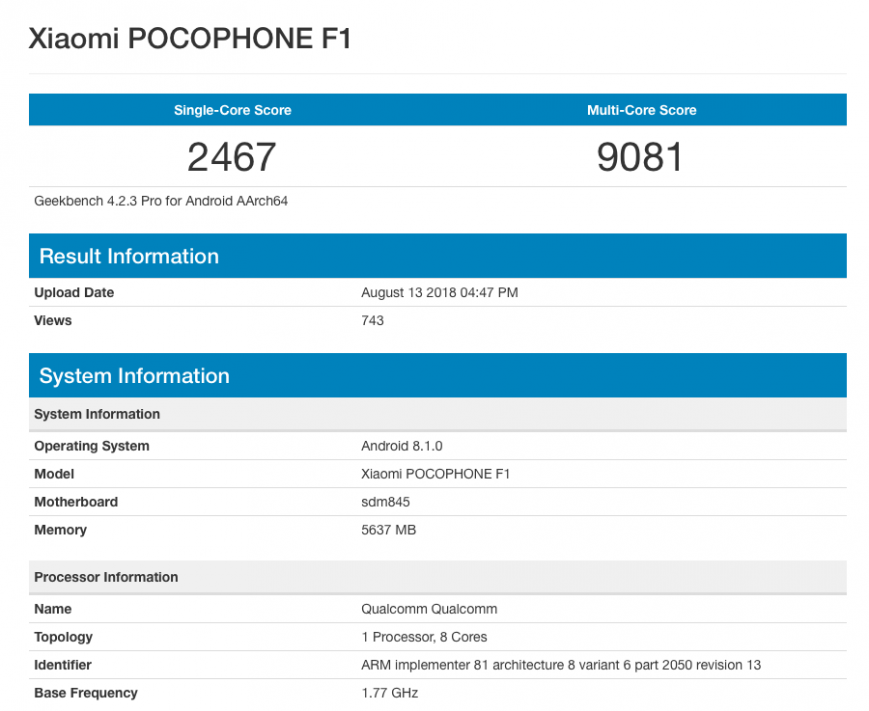 Xiaomi Pocophone F1 в Geekbench‍ поборолся за лидерство с Galaxy S9+