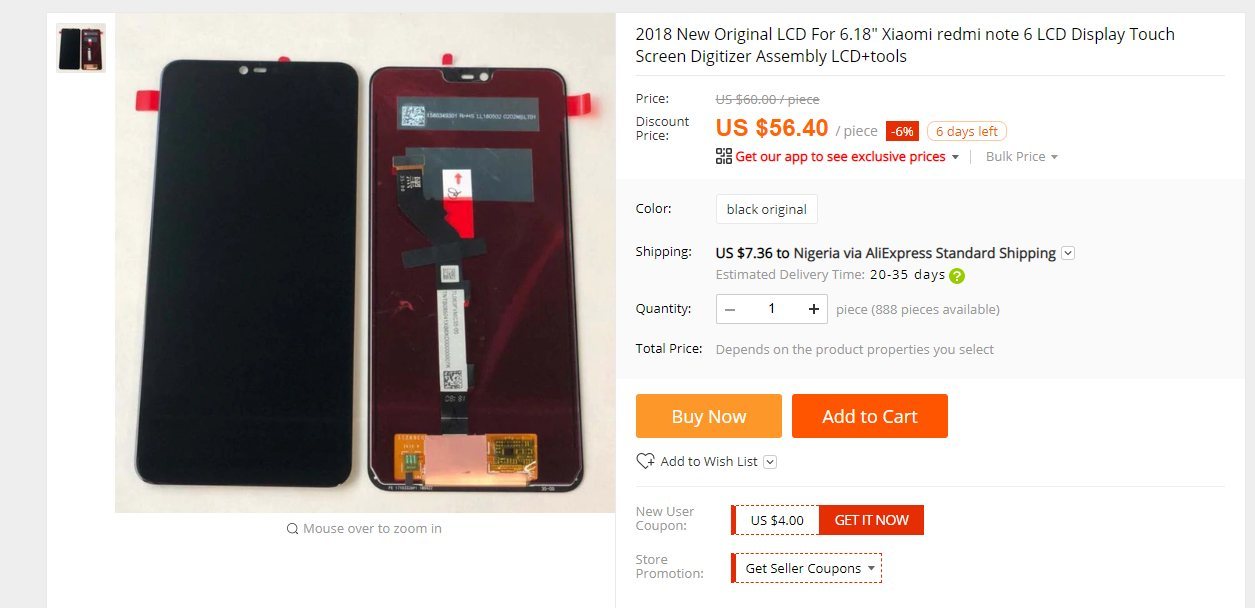 На AliExpress продают экраны к смартфонам Redmi Note 6 и Redmi 6 Plus