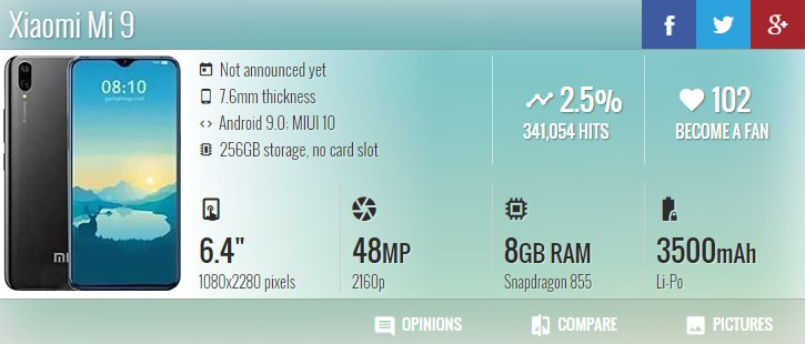 В Сеть слили полные характеристики смартфона Xiaomi Mi 9