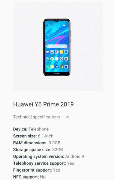 Новый Huawei Y6 Prime получит 6,1-дюймовый экран с каплевидным вырезом
