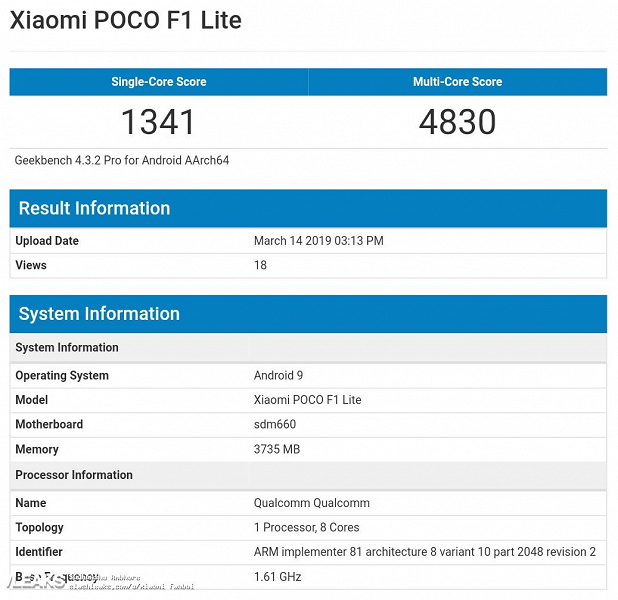 Смартфон Xiaomi Pocophone F1 в версии Lite появился в Geekbench