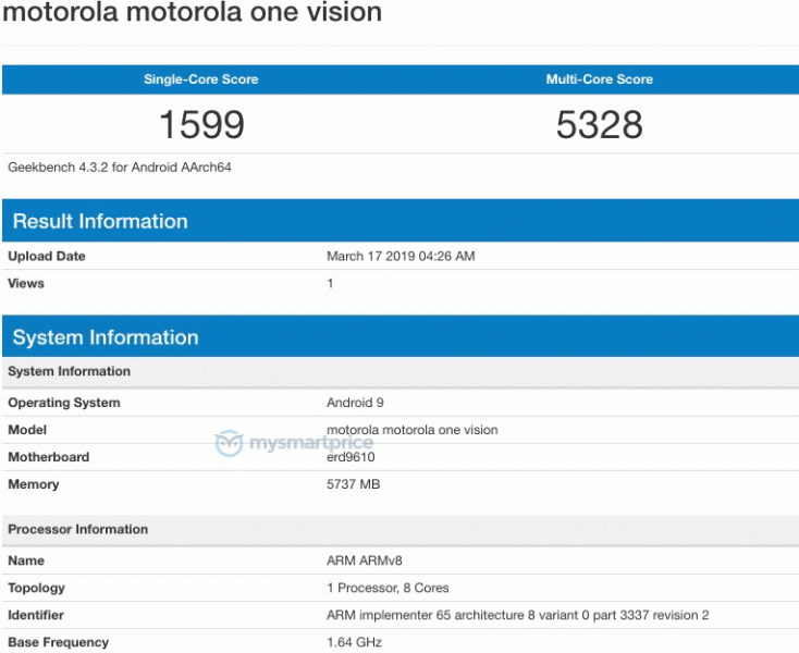 На Geekbench появился смартфон Motorola One Vision