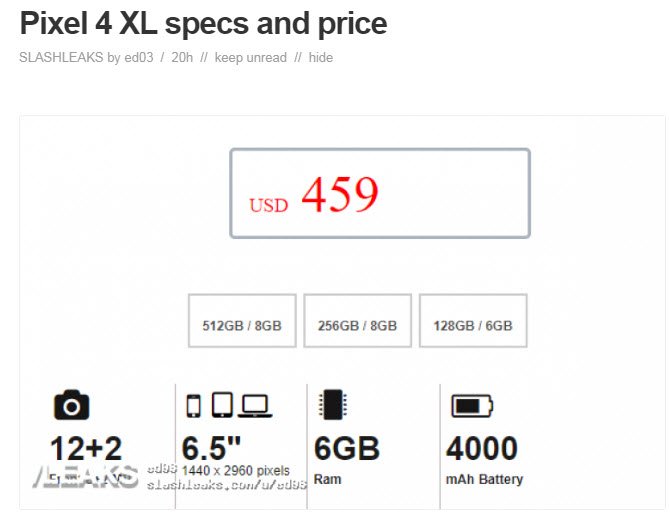 Названы основные характеристики и цена смартфона Google Pixel 4 XL