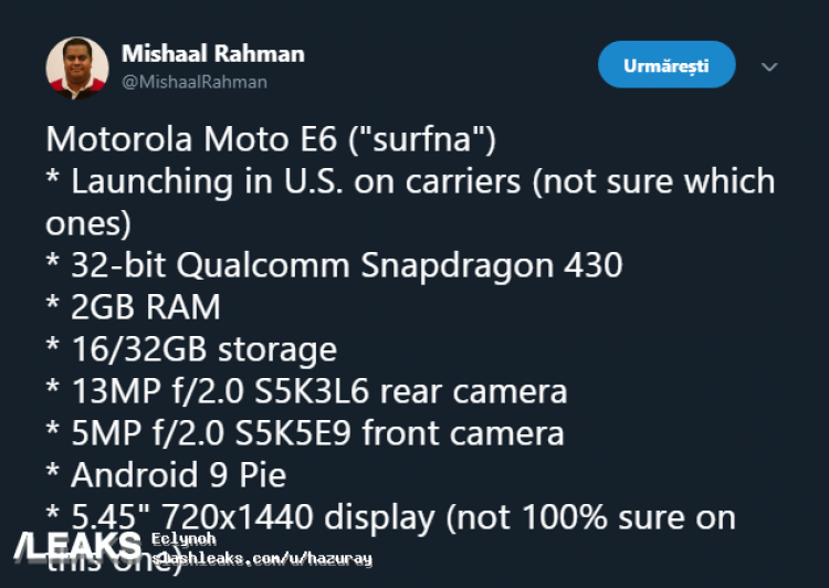 В Сеть слили основные характеристики бюджетного смартфона Moto E6