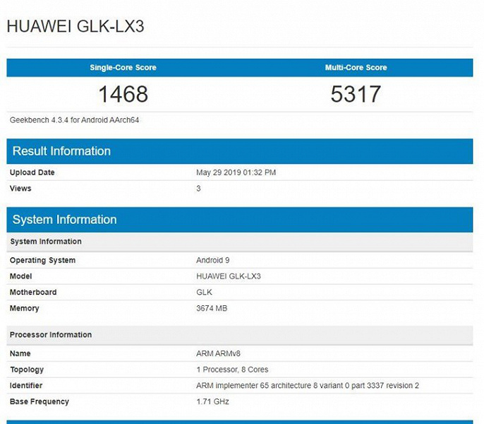 Смартфон Huawei Nova 5i появился в базе данных Geekbench