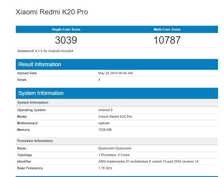 Redmi K20 Pro с Snapdragon 855 и 8 ГБ ОЗУ протестировали в Geekbench